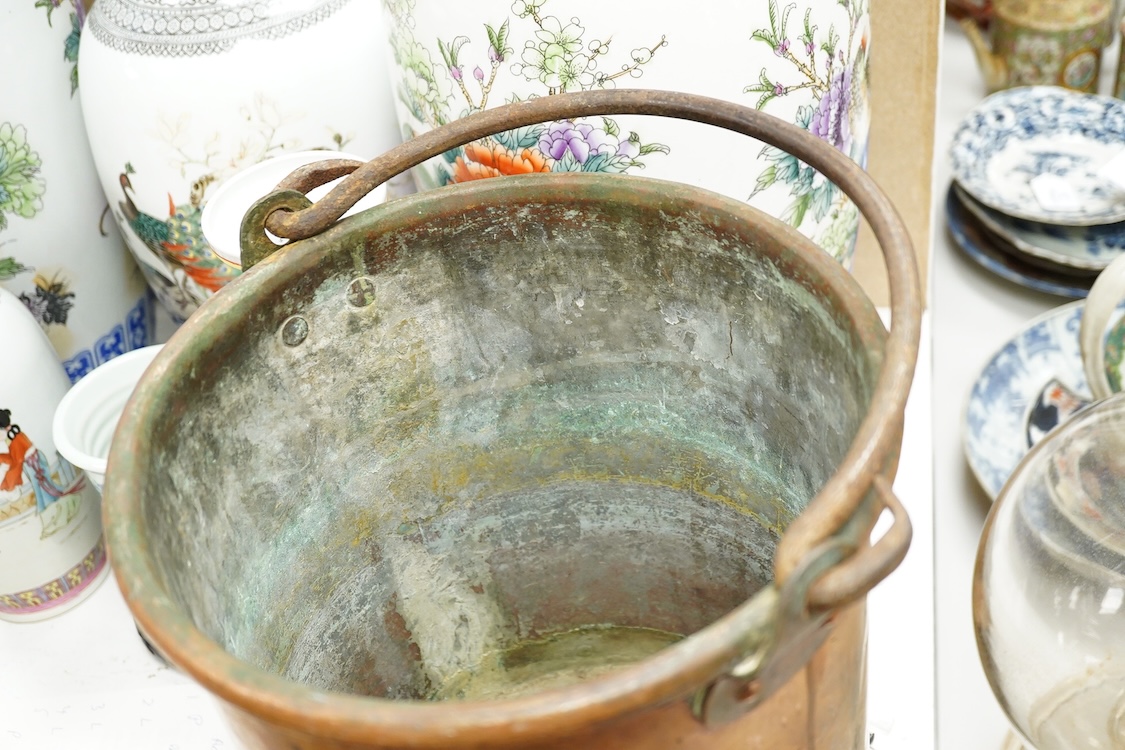 A French cylindrical copper log bucket, 35cm high
